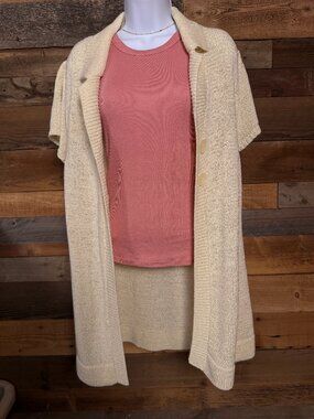 August Silk Cream Short Sleeve Cardigan XL Textured Knit Two Button Lightweight